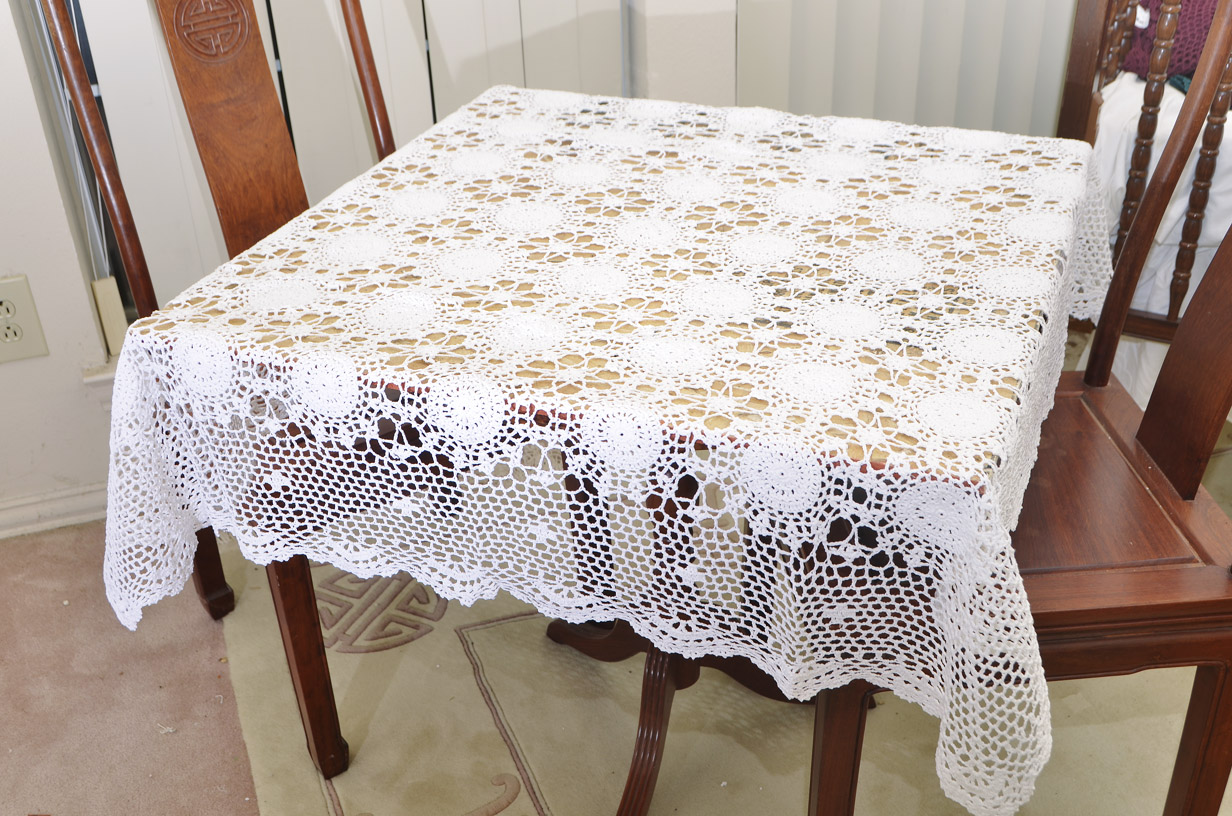 Crochet Square Tablecloth 45 inches Square. White Crochet Square